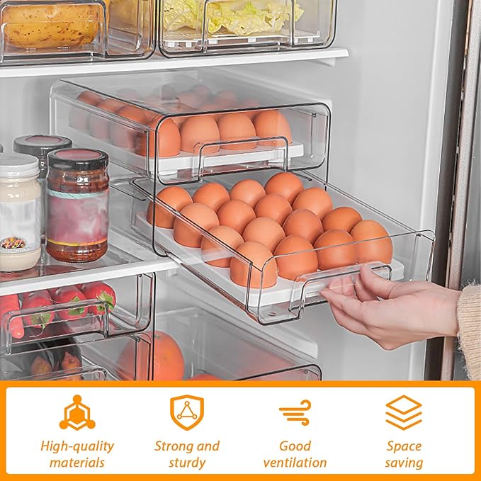 Fridge Drawers with Lids Stackable Pull Out Fridge Storage Containers Double Layer Clear Plastic Refrigerator Organizer Bins with Drain Tray for Kitchen Refrigerator Cabinets