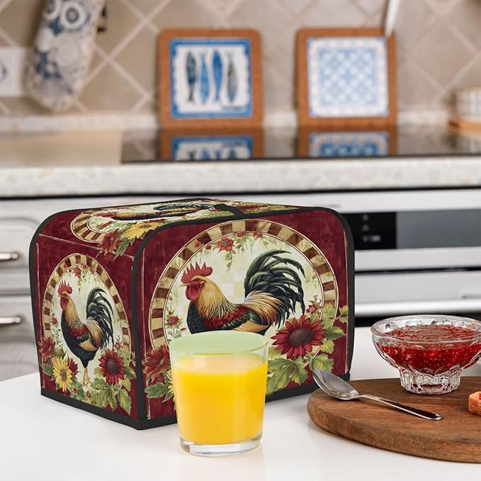 Red Rooster Retro 4 Slice Toaster Cover Dust And Fingerprint Bread Maker Cover Bakeware Protector Washable Appliance Covers Kitchen Accessories For Home Kitchen Women Gift