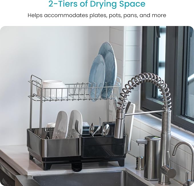 Home Zone Living Large 2-Tier Stainless Steel Dish Drying Rack with Drain Pipe and Utensil Holders