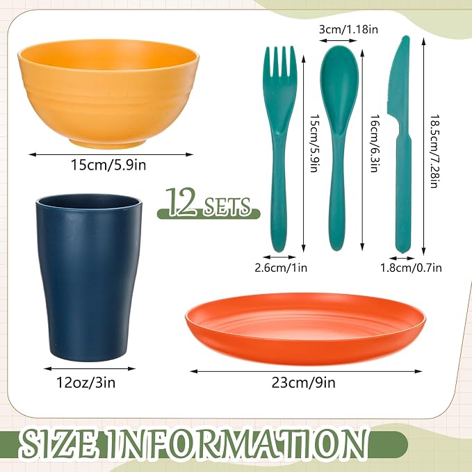 Zhehao 72 Pcs Wheat Straw Dinnerware Sets for 12 Dishwasher Microwave Safe Unbreakable Reusable Kitchen Cups, Plates, Bowls Cultery Sets for Patio, Outdoors, Rv, Camping Dishes (Multicolor)