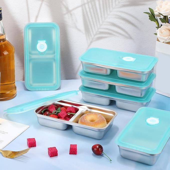 Teenyyou 6 Pcs Stainless Steel Snack Containers 30 oz 2-compartment Meal Prep Containers Reusable Metal Divided Bento Box with Silicone Lids Leakproof Lunch Box Dishwasher Safe (Blue)