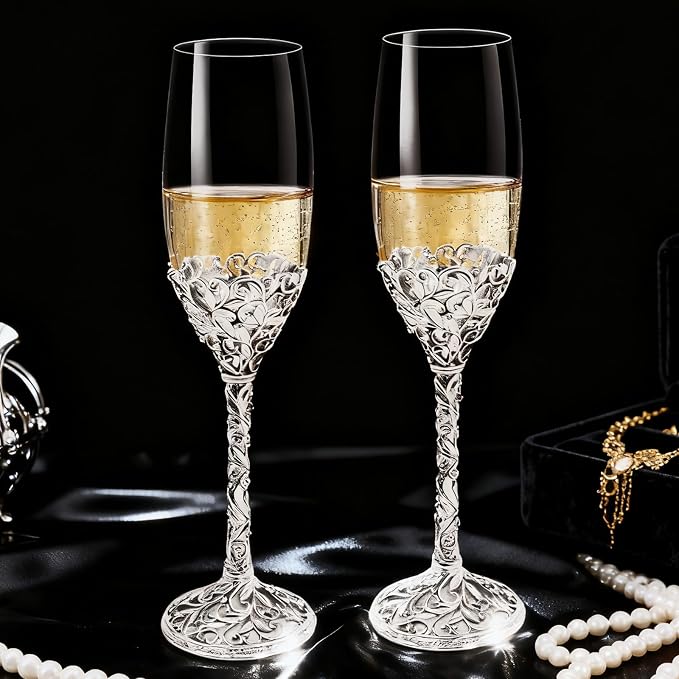 Champagne Flutes -His and Hers,Wedding Toasting Glasses for Engagement Celebrations, Bridal Shower and Registry Idea, Tall Wine Glasses for Bride and Groom Gifts,7oz (Silver new)