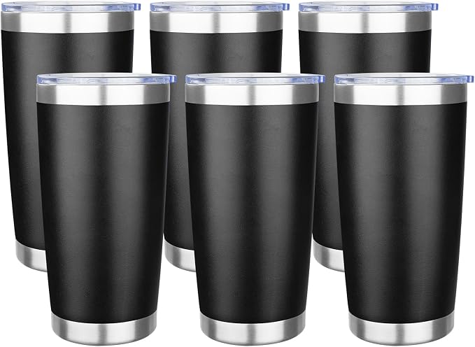 20oz Tumbler with Lid Stainless Steel Insulated Tumblers Travel Coffee Tumbler Bulk Double Wall Vacuum Insulated Water Cup Gifts for Christmas Women Men Her Him Home Office(Black, 6pack)