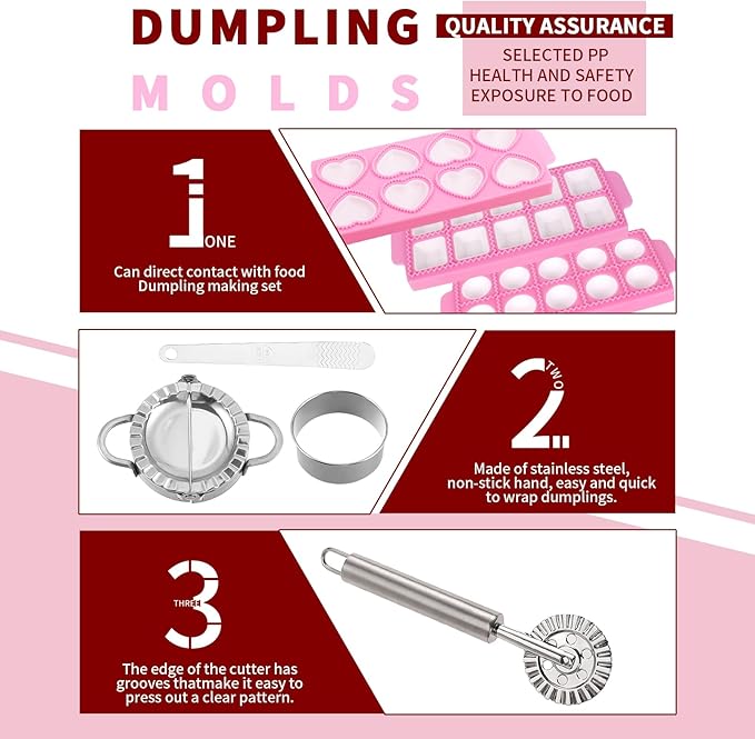 8pcs Ravioli Mold Set, 3 Rectangle Ravioli Maker Press + Dumpling/Pasta Cutter, Round Ravioli Cutter, Rolling Wheel, Dough Rolling Pin - Complete Pasta Making Tools for Ravioli Empanada