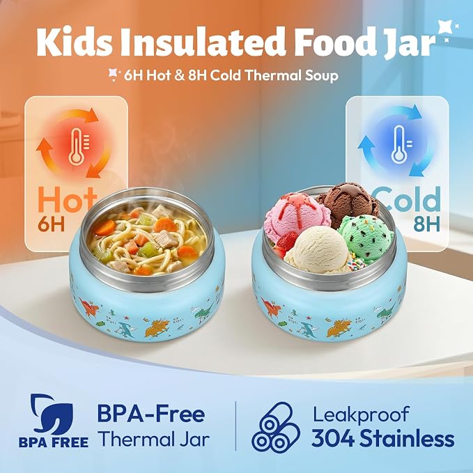 Itslife Bento Lunch Box for Kids Set, insulated food container, 7 oz thermos for hot food, 12 oz thermos water bottle, Reusable Insulated Ice Bag & Fork Spoon Utensils Camping Travel Blue-KL