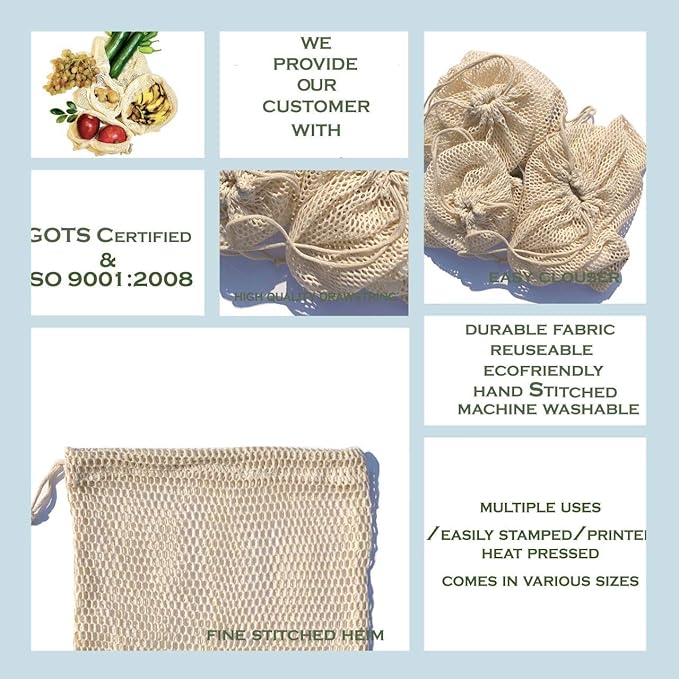 Ecogreen Textiles 6x8 inches 100% Cotton Mesh Bags Reusable Produce Bags – Multipurpose Drawstring Storage Pouch for Everyday Use (Pack of 50)
