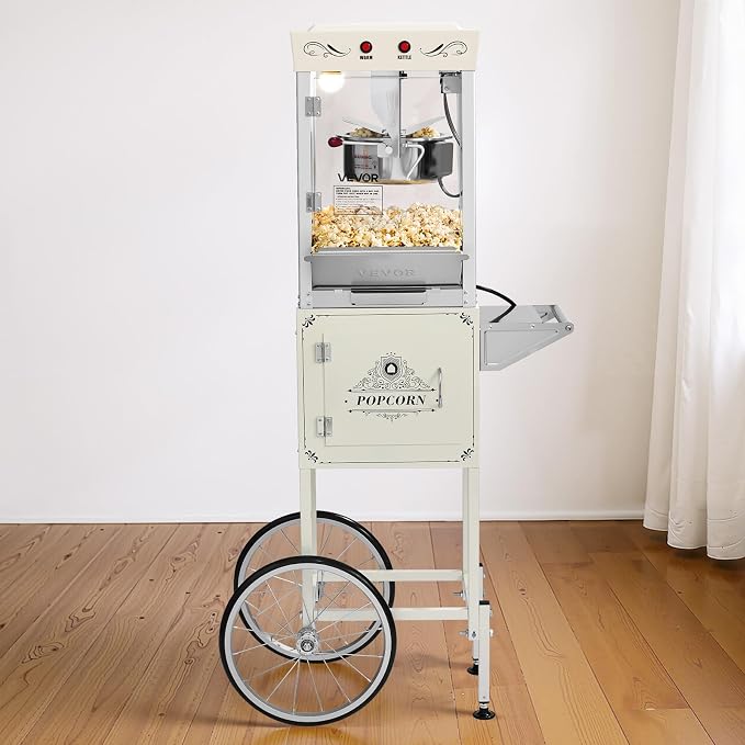 VEVOR Popcorn Machine with Cart, 8oz Stainless Steel Kettle, 800W Commercial Popcorn Maker, 48 Cups per Batch Theater Style Popper, with 2-Button Control Glass Wall PC Door 1 Scoop 3 Spoons, White