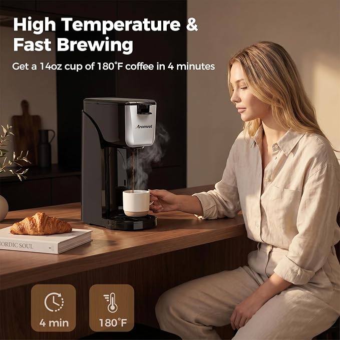2-in-1 Single Serve Coffee Maker for K Cup Pods & Ground Coffee, 6 to 14 oz Brew Sizes, Compact Small Brewer with Dual Buttons, Adjustable Drip Tray for Travel Mugs, Silver