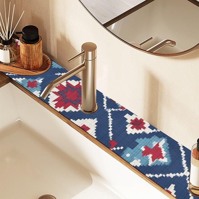Kitchen Sink Splash Guard 2 PCS 14.7 Inch Sink Faucet Mat Splash Guard for Bathroom Countertop Water Absorbent Foldable Cuttable Soft Washable Vintage Blue Floral Patriotic