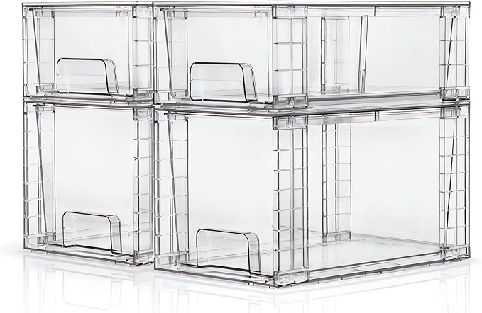 Clear Stackable Acrylic Storage Drawers(4 Pack), Plastic Organizer Bins with Handles, Easy Assembly for Bathroom Kitchen Pantry Cabinet Under Sink Snack Home Storage Solutions