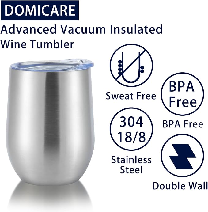 DOMICARE Stainless Steel Wine Tumbler Bulk with Lid, Personalized Insulated Tumblers Set, 12oz Travel Coffee Cups Pack of 12, Stainless steel