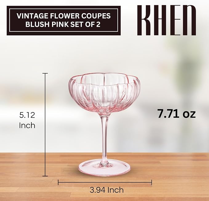 Khen Flower Modern Wavy Glass Coupes Martini, Champagne & Cocktail Coupes - Set of 2-7.7oz Colorful Cocktail Glasses & Prosecco, Mimosa Glassware Copyright Design - Blush Pink