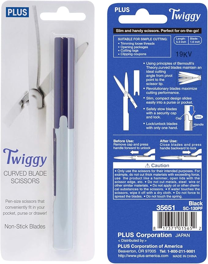 Plus Pen Style Non-Stick Compact TSA Twiggy Scissors with Cover, Blue