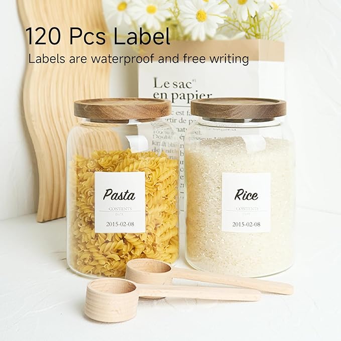 yutrenn Glass Food Storage Jars with Wooden Lids, Flour Glass Jar with 2 Wood Measuring Spoon, Clear Thick Glass Jar Kitchen Containers for Rice, Oats, Grains, 120 Pcs Food Labels (93 Oz, 2750ml)