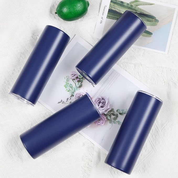 8 Pack 20 Oz Stainless Steel Straight Skinny Tumblers, Insulated Slim Thin Travel Cup Set for DIY, Navy