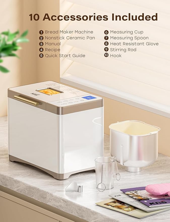 KBS 20-IN-1 Bread Maker with Custom Program, 650W Bread Machine with Nonstick Ceramic Pan & Stainless Steel Paddle, 2LB Bread Maker Machine, Polish Bread, Gluten-Free, Touch Panel, 15H Timer, 3 Colors