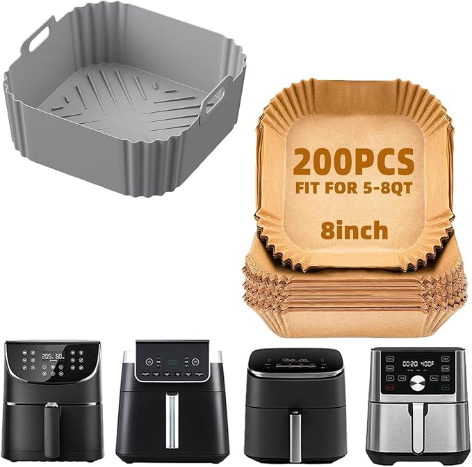 LYHOLKEER 8.8inch Square Reusable Silicone Air Fryer Liners for 5-8QT and 200Pcs 8IN Air Fryer Liners Disposable Parchment Paper for 5-8QT