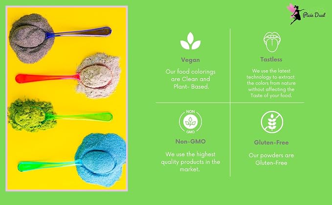 Pixie Dust Natural Food Coloring Powder Set of 4, Red, Yellow, Blue, Green, Dye Free Plant Based Cake Decorating Colors for Icing, Frosting & Drinks, Flavorless, Kosher, Vegan, Non Toxic, 0.68 oz - 20 gr.