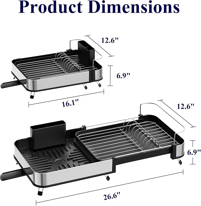 Kitsure Dish Drying Rack - Expandable Stainless Steel Dish Racks for Kitchen Counter, Auto-Drain Drying Rack for Kitchen with Cutlery Holder & Non-Slip Feet, 16.1-26.6" L x 12.6" W, Black