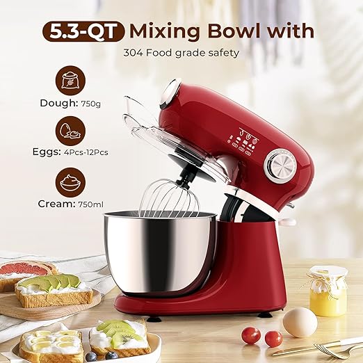 Electactic Stand Mixer With 12-Speed,5.3 QT Quiet Operation Electric Mixer With Tilt Head, Kitchen Mixer with Egg Whisk, Dough Hook, Flat Beater for Gift & Daily Use