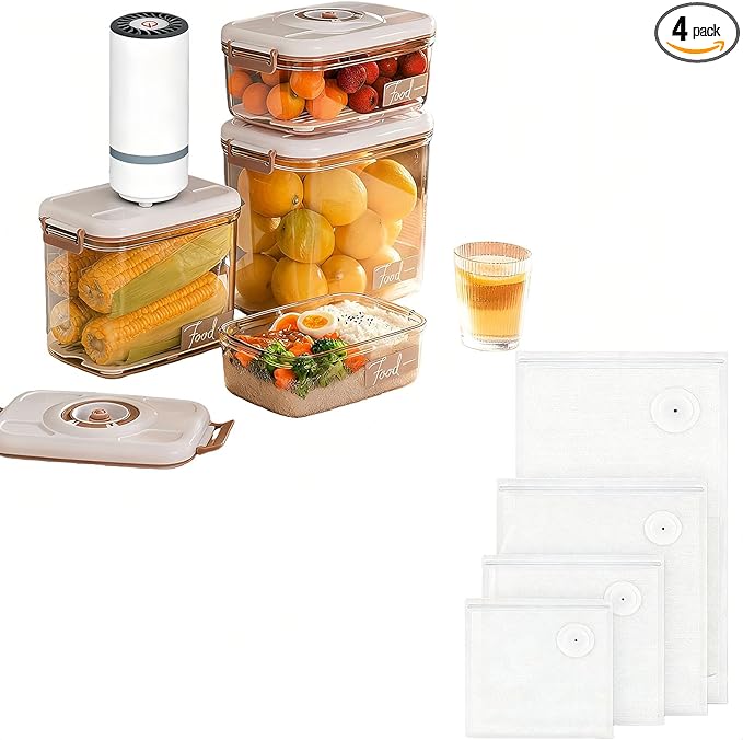 Vacuum Container,Vacuum Seal Containers,4pcs Airtight Food Storage Containers with Lids,4pcs Food Vacuum Bags/ 1pc Automatic Pump, Marinade and Keep Food Fresh with Time Dial, BPA Free(Square)