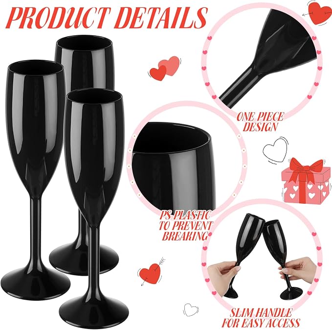 Domensi 40 Pack Black Acrylic Champagne Flutes Bulk 6 oz Unbreakable Reusable High Stem Plastic Toasting Goblets for Wedding, Party, Camping & Restaurant