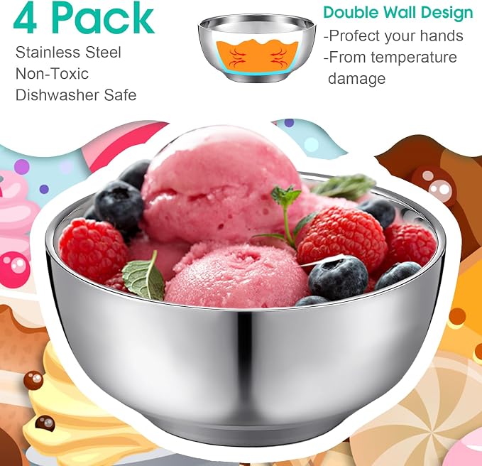 Funnymoom 4 Pack 34 oz Stainless Steel Bowls Double Walled Insulated Soup Ice Cream Metal Mixing Nesting Bowls for Serving Soup Rice Cereal
