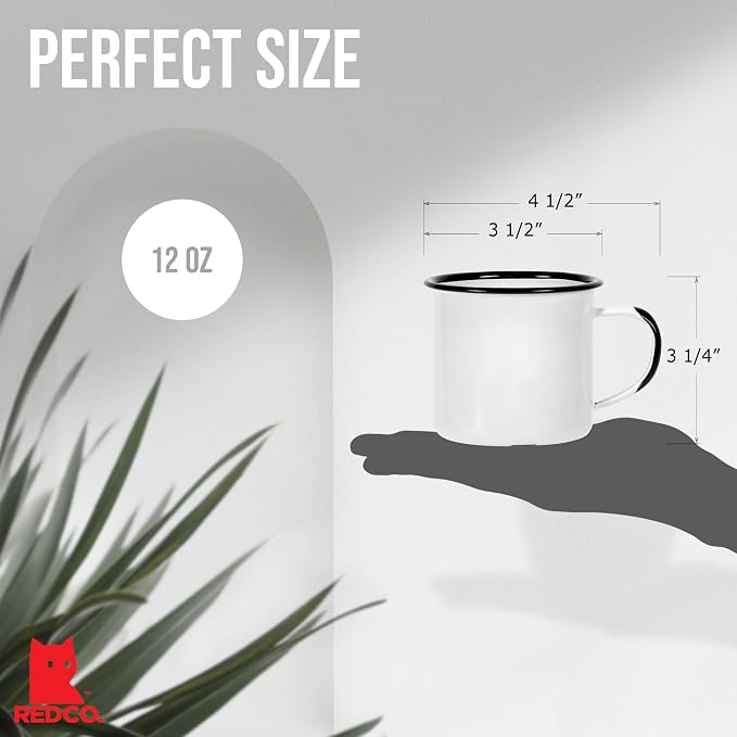 Red Co. Set of 6 Enamelware Metal Medium Classic 12 Oz Round Coffee and Tea Mug with Handle, Distressed White/Black Rim