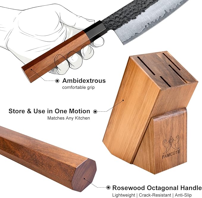 FAMCüTE Japanese Knife Block Set, Hand Forged 5-Layer 9CR18MOV Clad Steel Ultra Sharp Kitchen Knives with Wooden Storage & Rosewood Handle, Includes Chef, Santoku, Nakiri, Fruit Knife for Home Mom/Dad | Hand Forged 5-Layer 9CR18MOV Clad Steel Chef Kniv...