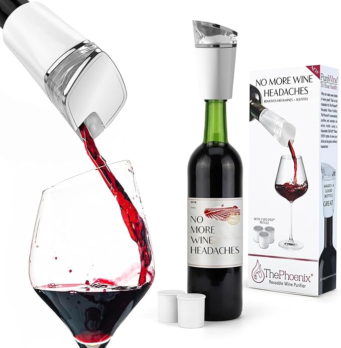 PureWine Phoenix Wine Aerator Pourer Spout - Removes Histamines & Sulfites as You Pour, Red & White Wine Purifier Filter, Helps Allergies & Headaches, Restores Oxidized Bottles- Starter Kit, White