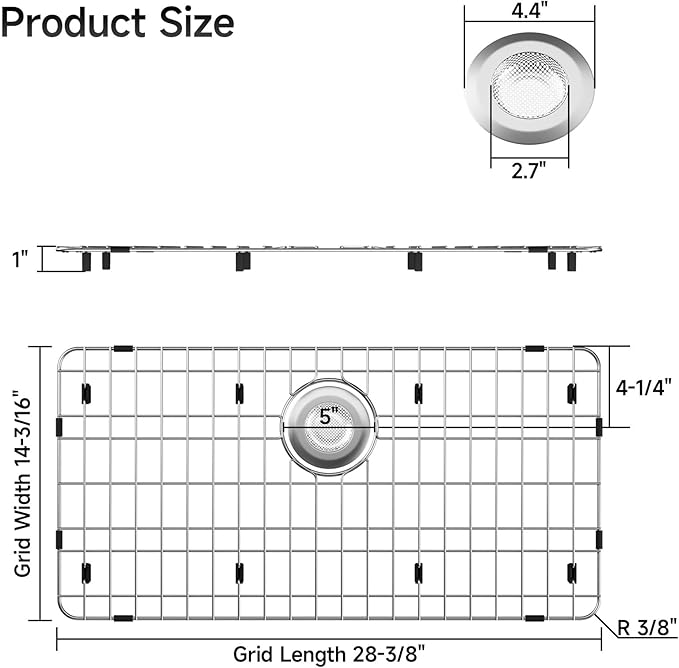Sink Grid for Single Bowl Kitchen Sink, Stainless Steel Sink Protector Grate with Rear Drain, 28-3/8’’ x 14-3/16’’ Sink Bottom Protector for Kitchen Sink
