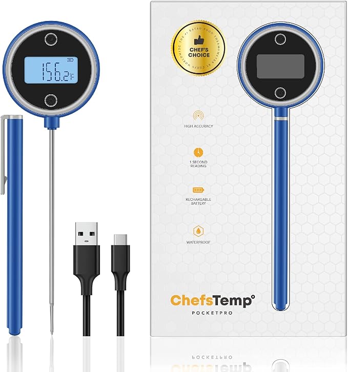 Pocket Pro 1-Second Instant Read Meat Thermometer, Rechargeable Digital Thermometer for Grilling, Food, BBQ, Kitchen Cooking, Oil Deep Frying & Candy (Nobility Blue)