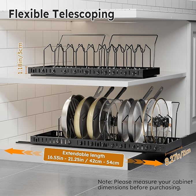 DTUQYX Pull-out Pots and Pans Organizer Under Cabinet - 1 Pack Expandable Pot and Pan Organizer Rack with 10 Adjustable Dividers for Pot, Cutting Board, Dishes, Lid, Baking Tray
