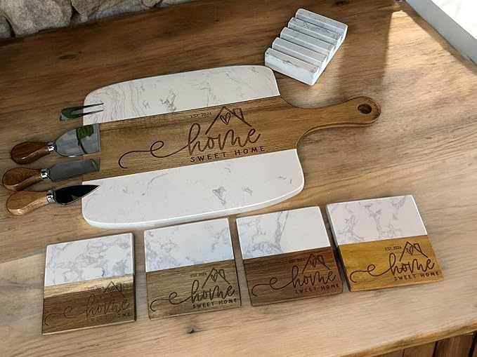 Personalized Marble Charcuterie Board with Serving Tools - New Home Gift, Unique Wedding Gift, Real Estate Closing Gifts - Natural Acacia Engraved Charcuterie Board (Closing Gift)