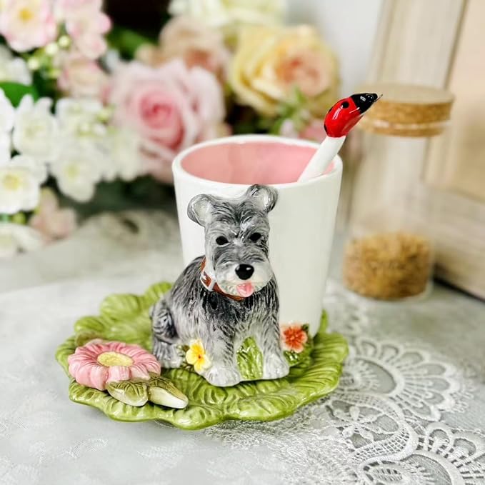 Ceramic Animal Coffee Mug Cup and Saucer Set，200ML(6.8OZ) 3D Hand-painted Tea Cup with Spoon (Grey)