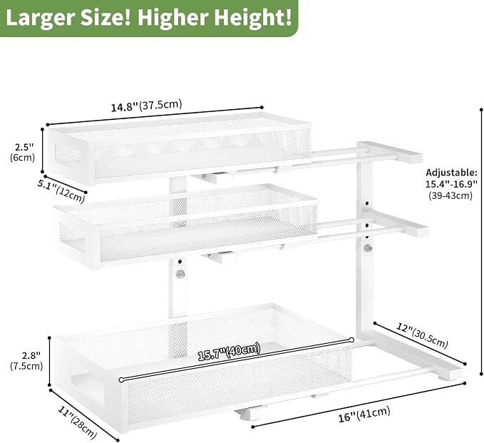 3-Tier Under Sink Organizer,2 Pack Height Adjustable Pull Out Cabinet Organizer Shelf, Thickened Metal Slide out Storage Drawer Rack for Bathroom Laundry Room Kitchen Pantry Organization (White)