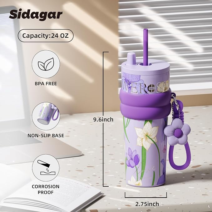 24 oz Stainless Steel Tumbler with Lid and Straw, Insulated Coffee Mug, Leak Proof, Portable Iced Travel Water Bottle, Reusable Thermal Coffee Cup, Floral Purple