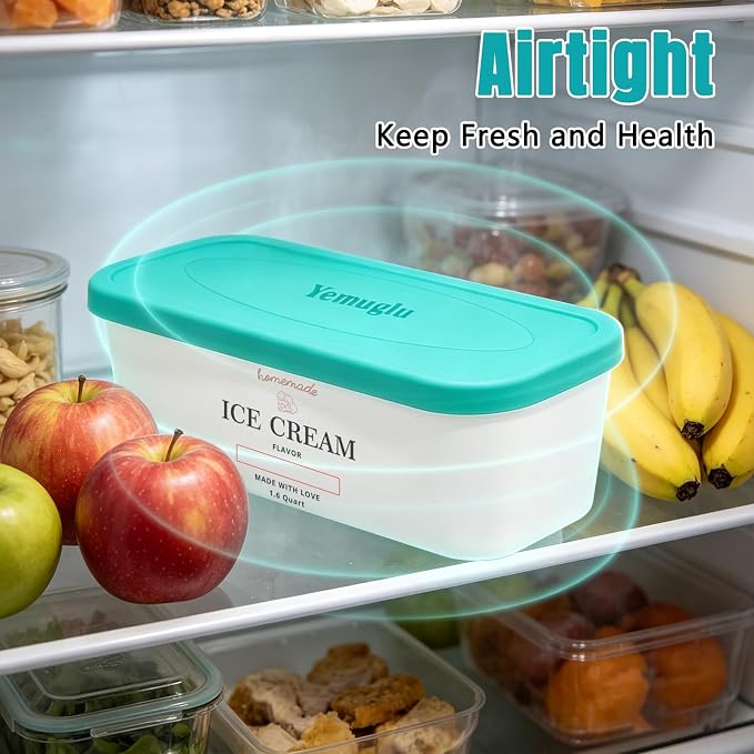 Ice Cream Containers - Silicone Reusable Freezer Storage for Homemade Ice Cream Tub for Sorbet, Frozen Yogurt - Flexible Silicone Lids, Long Scoop, Stackable,2 Pack 1.6 Quart Each