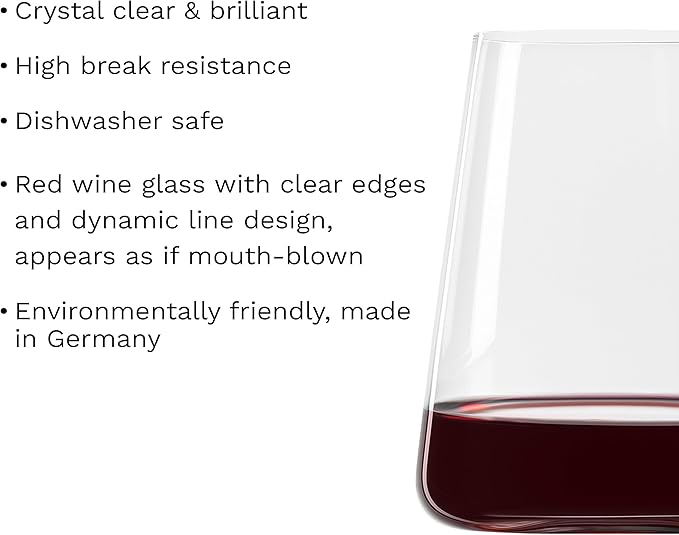 Stölzle Lausitz Stemless Red Wine Glass Power Set of 4, 17.5 oz – Modern Stemless Wine Glasses for Maximum Aroma – Flat Red Wine Glasses in Crystal Glass–Dishwasher & Break-Resistant, Made in Germany