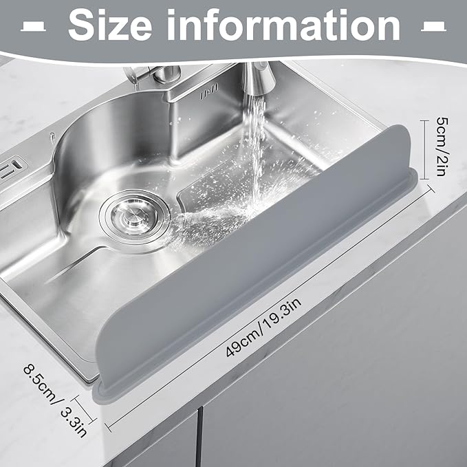 Silicone Sink Splash Guard – Extra-Long 19.3" Water Protector for Kitchen & Bathroom, No-Slip, Heat-Resistant, Dishwasher Safe (19.3 * 3.3 * 2in) (grey)