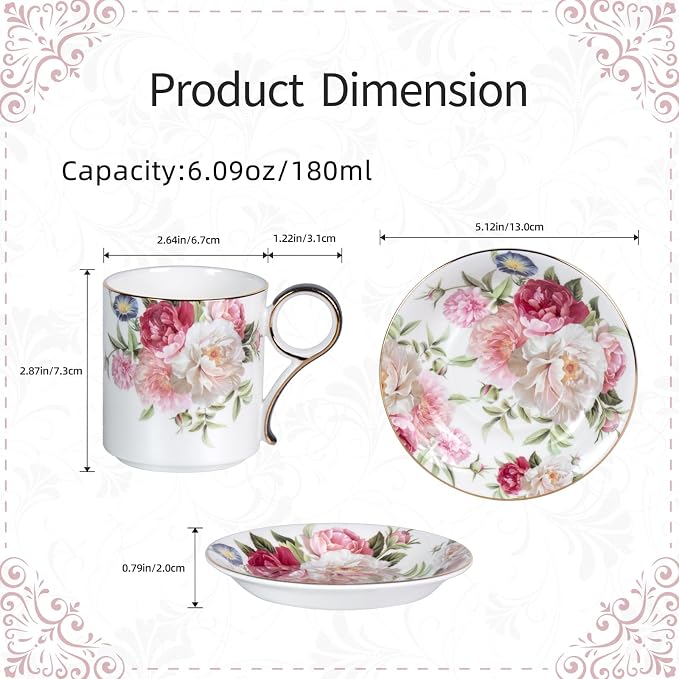 KAMMAK Tea Cups and Saucers Set of 2, Porcelain Coffee Cups, Stackable Espresso Mugs, Ceramic Demitasse for Coffee, Cappuccino, Latte, Americano, Tea, Gray
