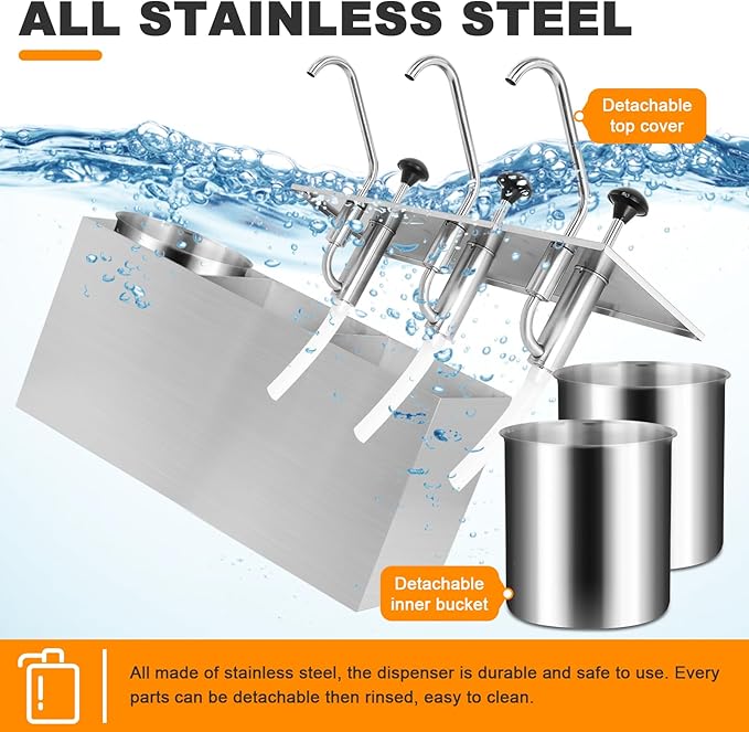 Condiment Pump Station Stainless Sauce Pump Dispenser 11Quart Ketchup Dispenser Pumps
