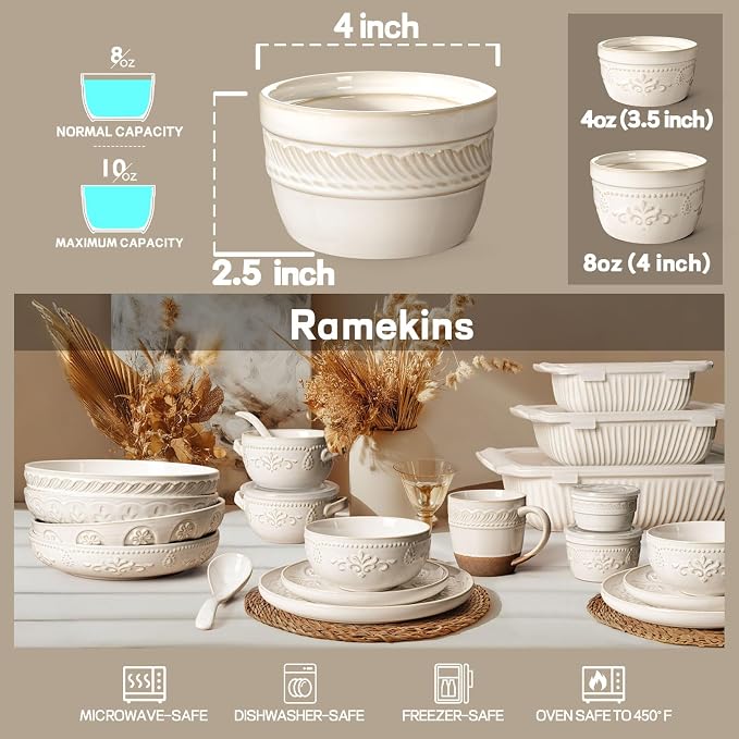 Artena Ramekins Oven Safe, Creme Brulee Ramekins, Embossed White Ceramic Ramiken, Souffle Pudding Custard Cups, Baking Dish, Dipping Bowls, Sauce Cups, Set Of 4 (8 oz, Willow Leaf)