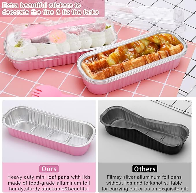 100Pack Pink Mini Cake Pans with Lids Mini Loaf Pans and Spoons and Stickers, 6.8Oz Aluminum Foil Pans Tins, Individual Dessert Cups Containers for Sales,Party,Picnic