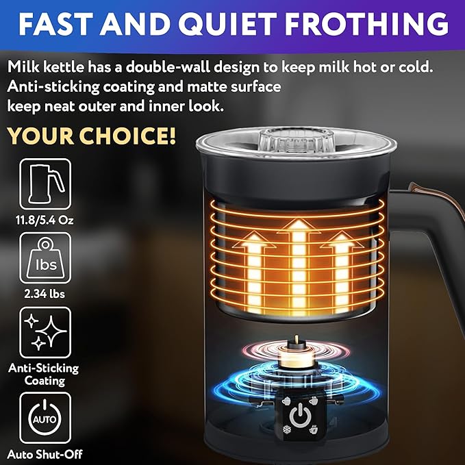 APQ Supply Black Electric Milk Frother and Steamer 11.8oz. Warm and Cold Foam Maker for Coffee. Functional 4-in-1 Automatic Milk Steamer and Frother for Latte, Hot Chocolate, Heating Baby Formula