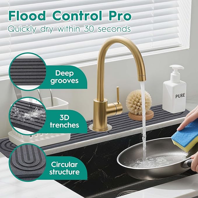 16 Inch Stone Faucet Mat for Kitchen Sink,Quick Dry Stone Mat Kitchen-Sink Water Splash Guard,Diatomite Protector with Super Absorbent&Leak Proof Circular for Kitchen Bathroom Counter（Dark Grey）
