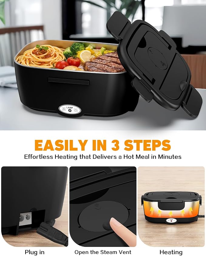 80W Electric Lunch Box Food Warmer for Car/Truck/Office, 110V/24V/12V Portable Heated Lunch Box for Adults, Dual 1.5L Stainless Steel Containers, Leak-Proof & Fast Heating, 3-in-1 Design