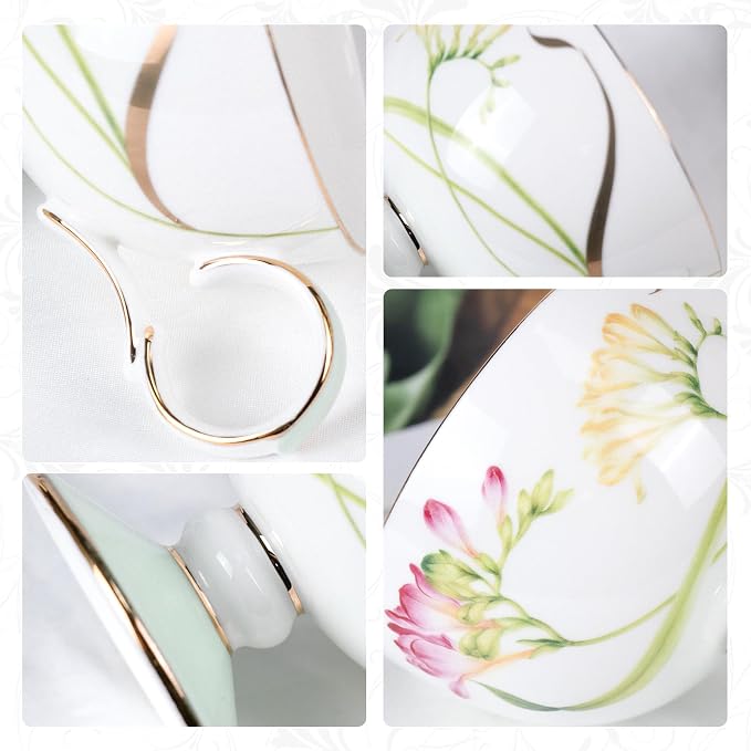 KAMMAK Ceramic Coffee Cups Saucers Set of 2, Porcelain Espresso Cup with Saucer, 6.76 oz Handmade Elegant Bone China Tea Cups, Ceramic Floral Pattern Demitasse Cup for Latte, Americano, Cappuccino