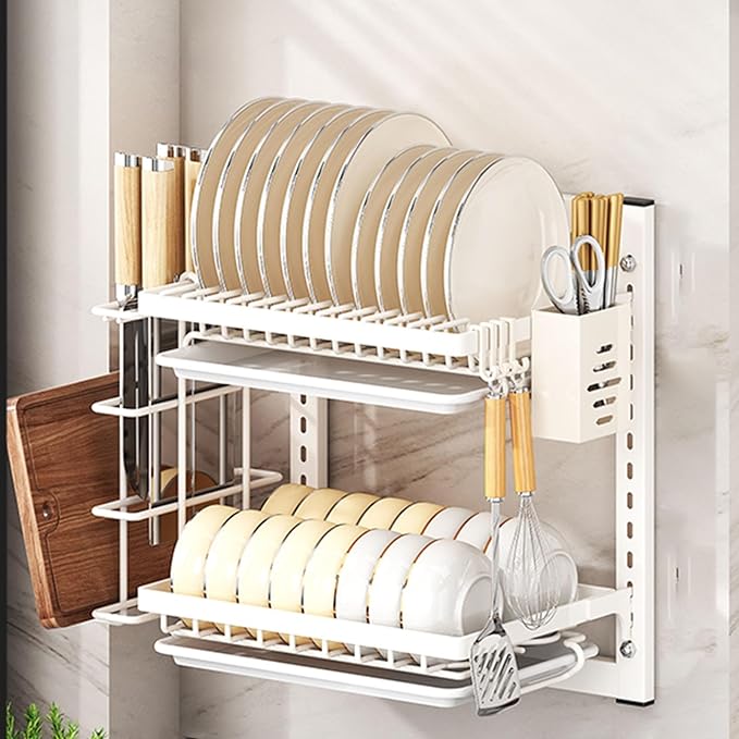 Wall Mounted Dish Drying Rack,Large Dish Drainer Drying Rack for Kitchen Counter,Multi-Level Kitchen Organizer with Drainboard Double-Layer Model(White,2 Tier 42cm)