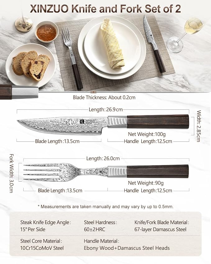 XINZUO Damascus Steel Non Serrated Steak Knife And Fork Set Of 2,67-Layer Damascus Steel Table Fork And Knife With Ebony Handle,Includes 5 Inch Steak Knife And Fork